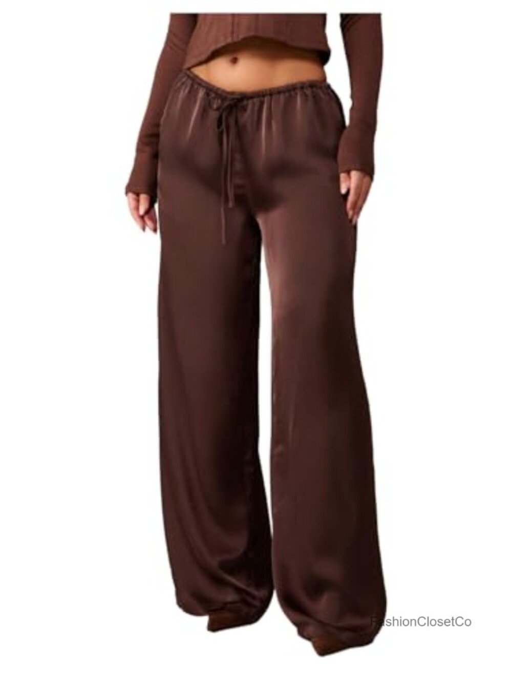 Women's Low Rise Drawstring Straight Leg Satin Pants Palazzo Trousers